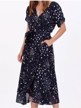 Xirena Written in the Stars Wren Navy Star Print Wrap Dress Size XS